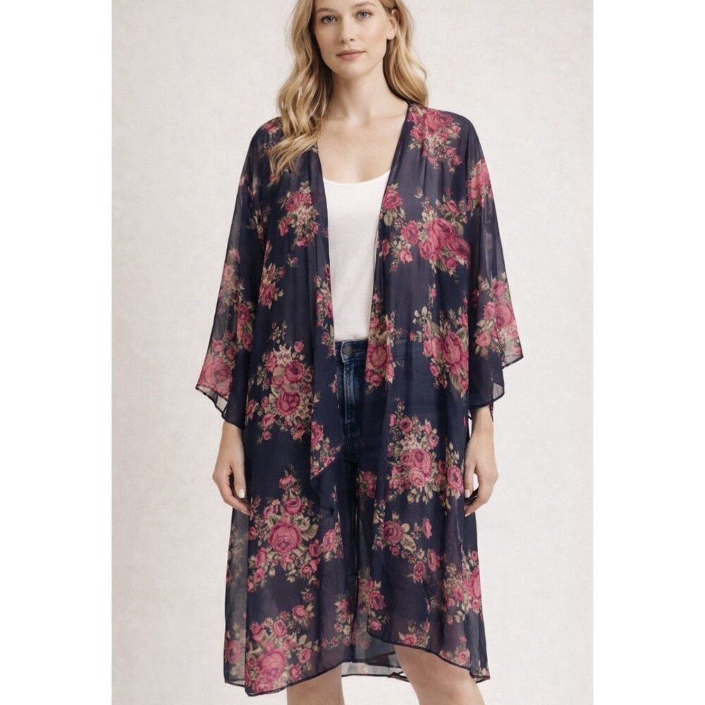 LuLaRoe Shirley Chiffon Kimono Cardigan Navy Blue Rose Floral  Size Large 091